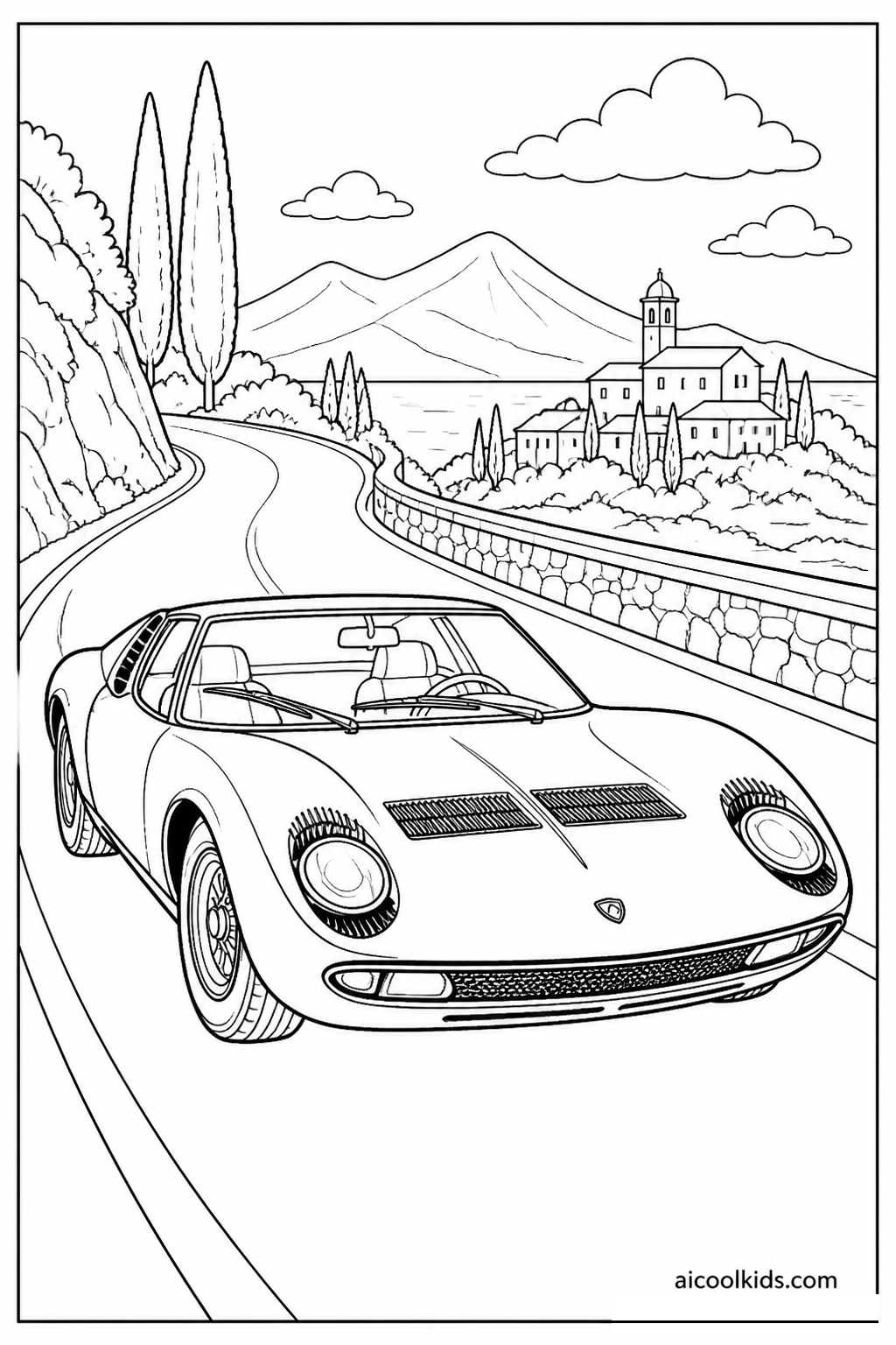 Lamborghini Miura Historic 1960s Supercar free printable activity sheet