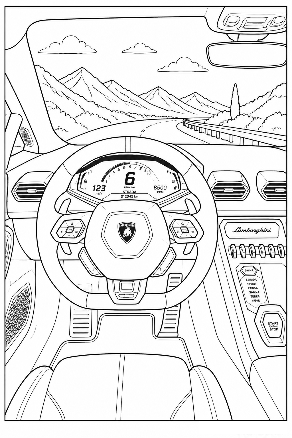 Modern Digital Cockpit and Racing Steering Wheel free printable activity sheet