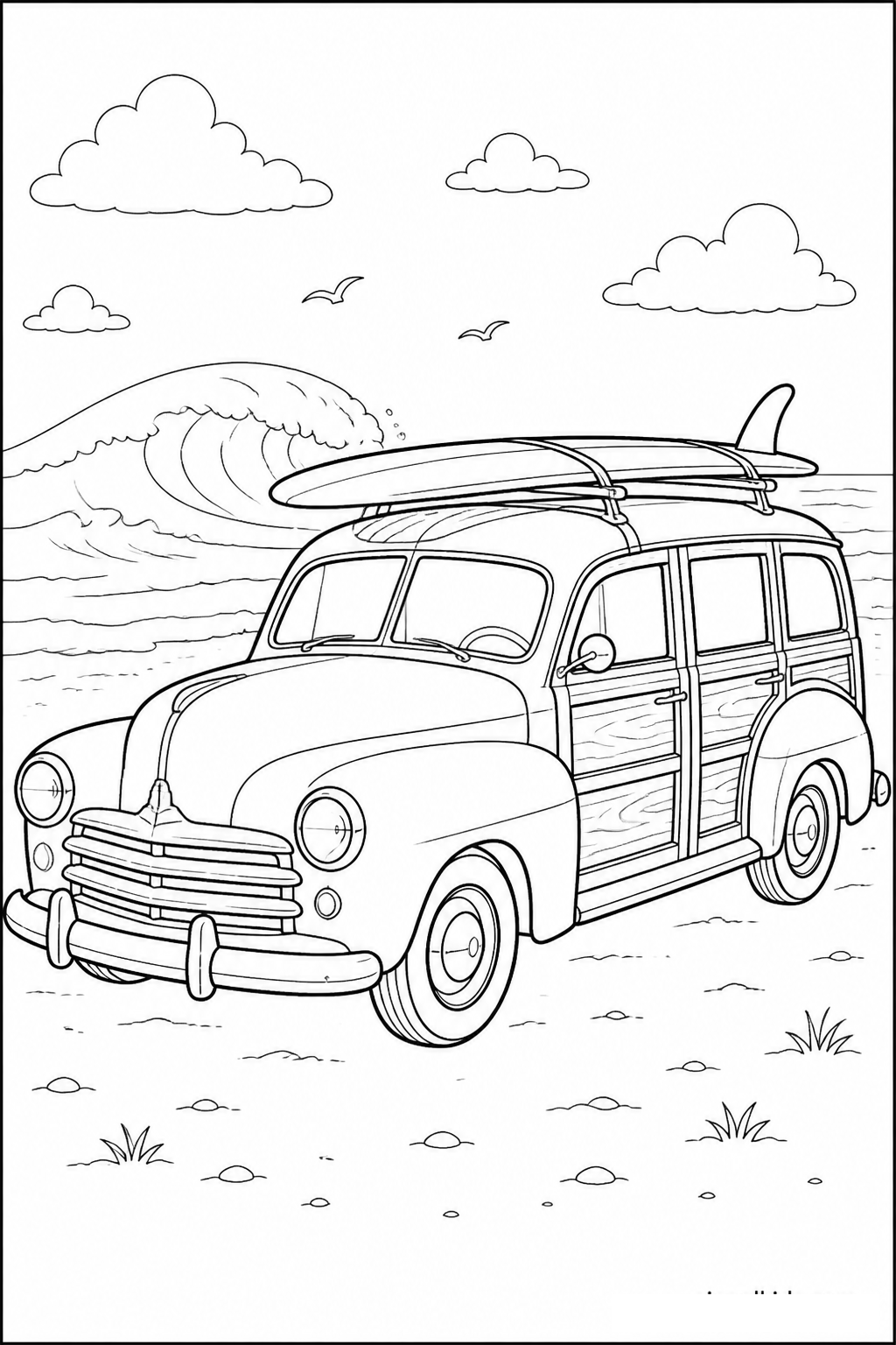 Classic Woody Station Wagon with Surfboard free printable activity sheet