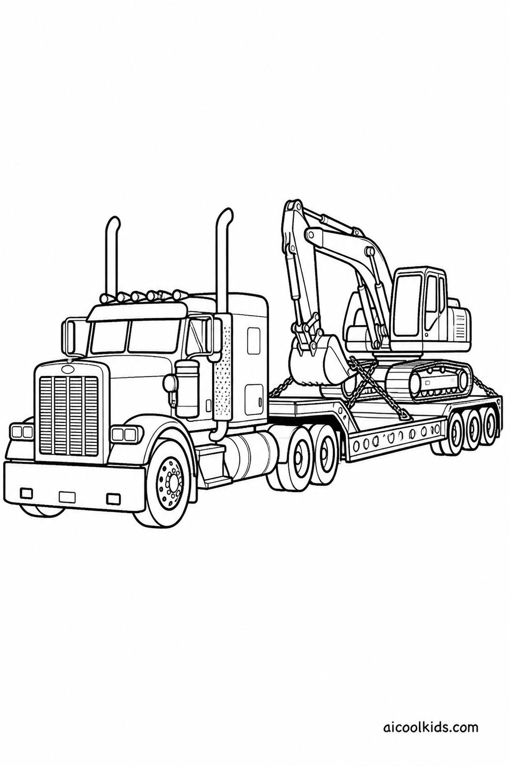 Lowboy Semi Truck Carrying Tracked Excavator free printable activity sheet