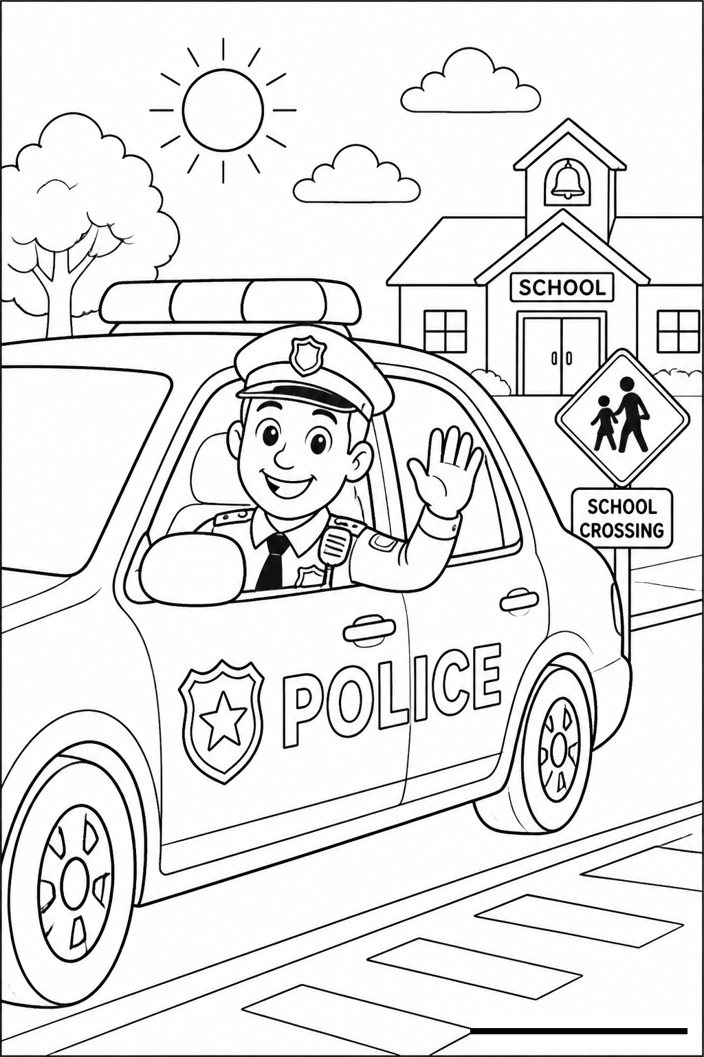 Friendly Police Officer Waving from Patrol Car free printable activity sheet