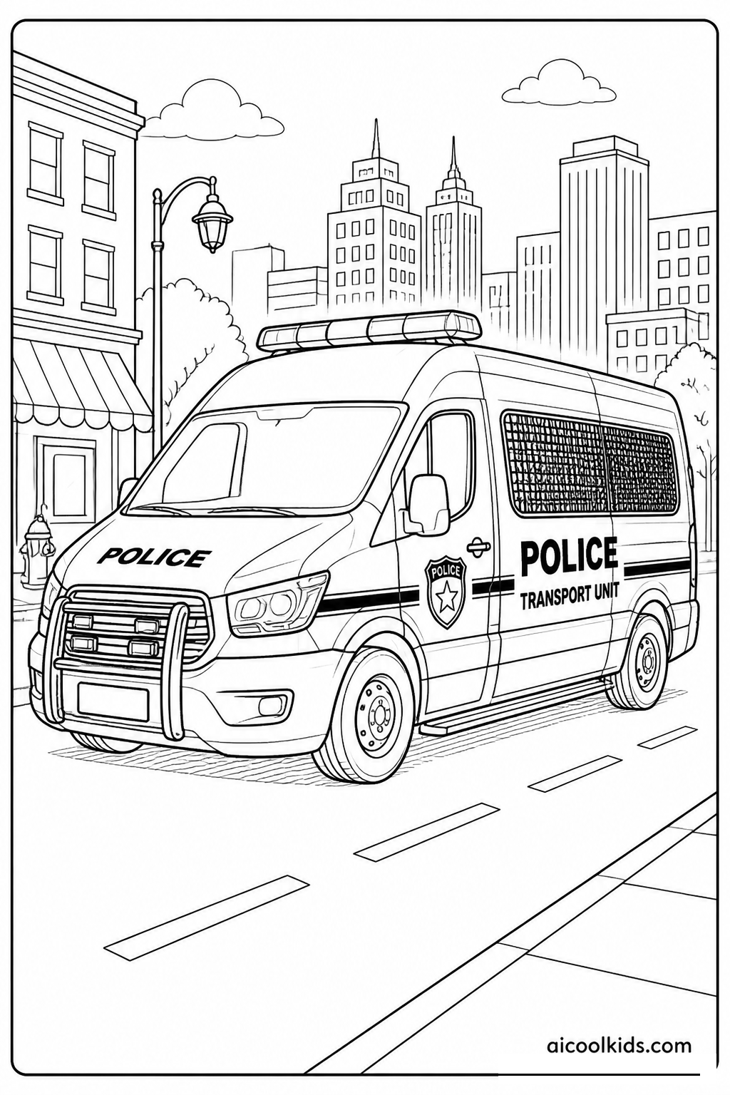City Emergency Police Van Transport Vehicle free printable activity sheet
