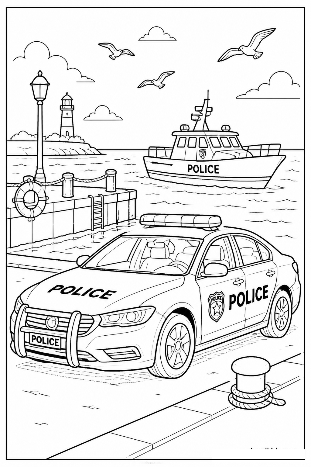 Police Harbor Patrol Boat and Waterfront Cruiser free printable activity sheet