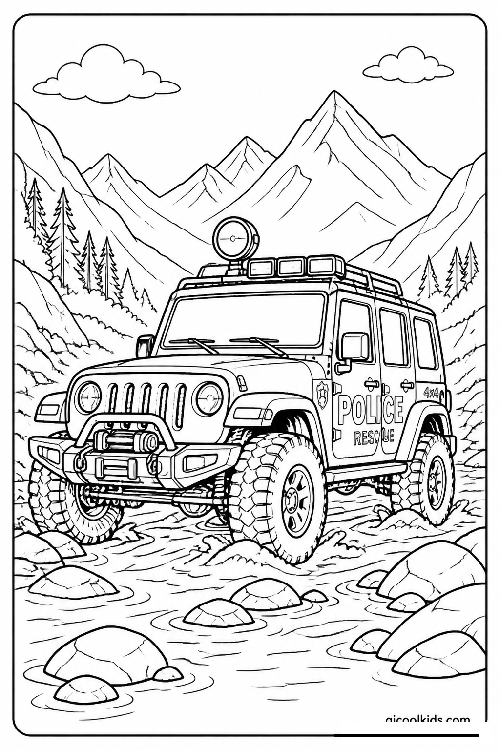 Mountain Search and Rescue 4x4 Police Jeep free printable activity sheet