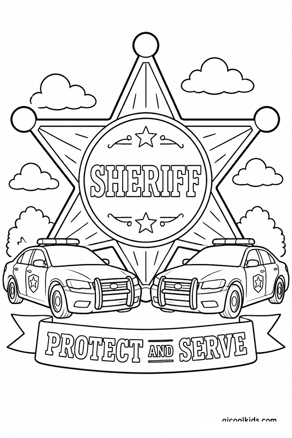 Golden Star Police Badge and Patrol Car Emblem free printable activity sheet