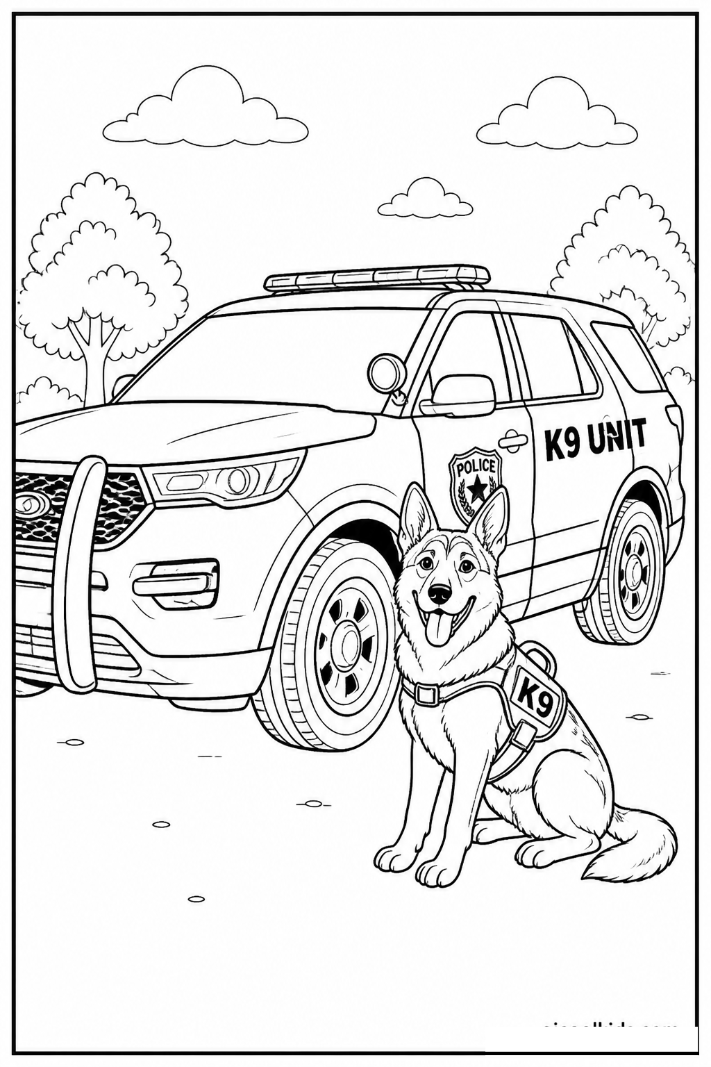 Police K-9 Unit SUV with Service German Shepherd free printable activity sheet