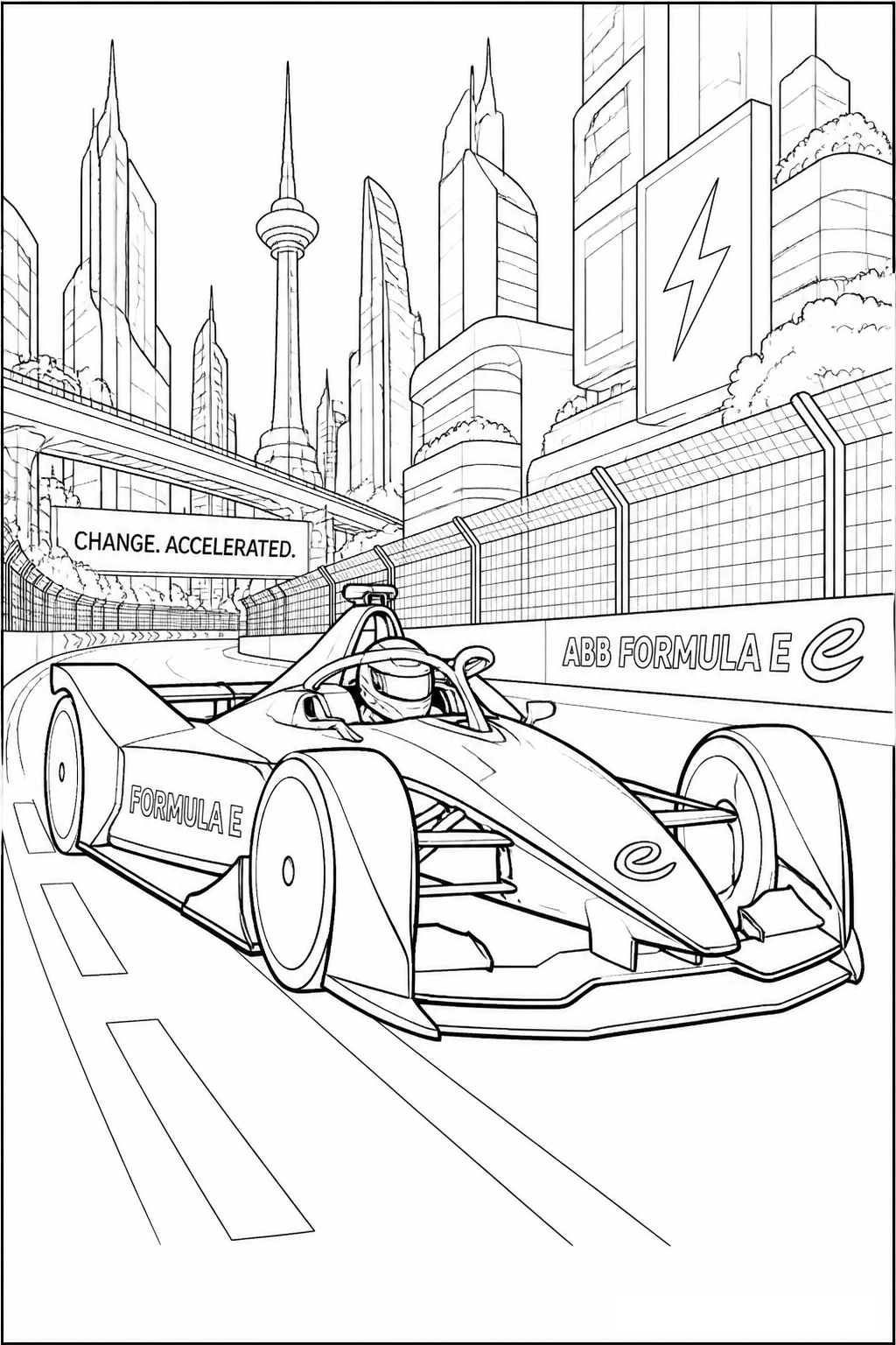 High Tech Electric Formula E Track Racer free printable activity sheet