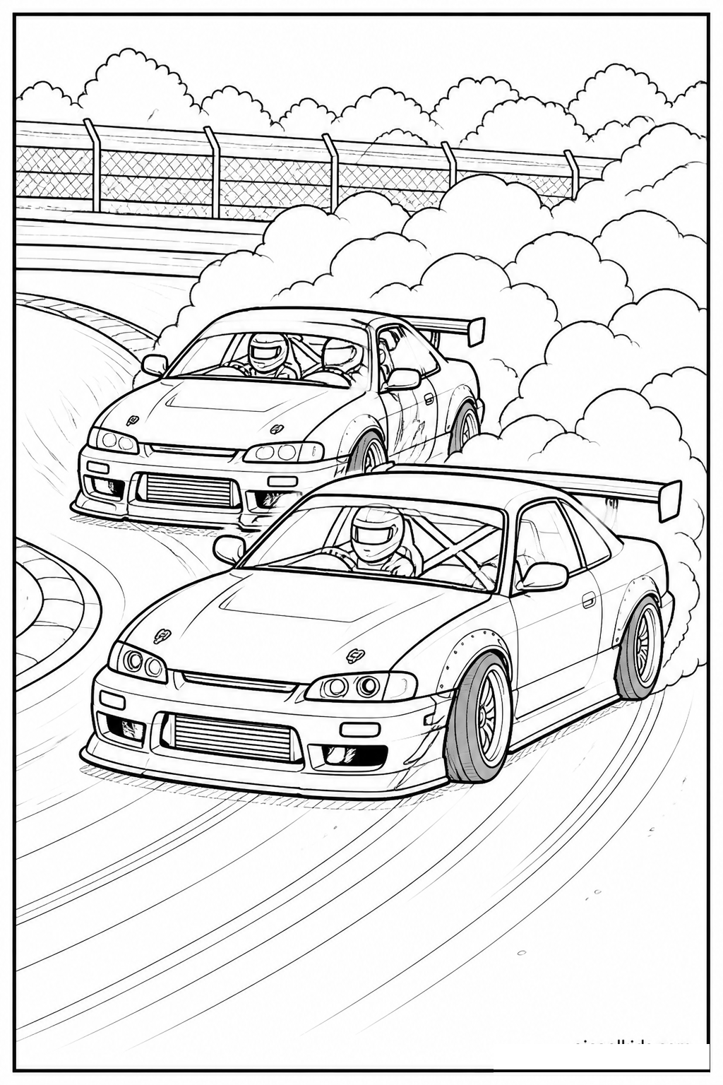 Dual Race Cars Drifting Around Hairpin Turn free printable activity sheet