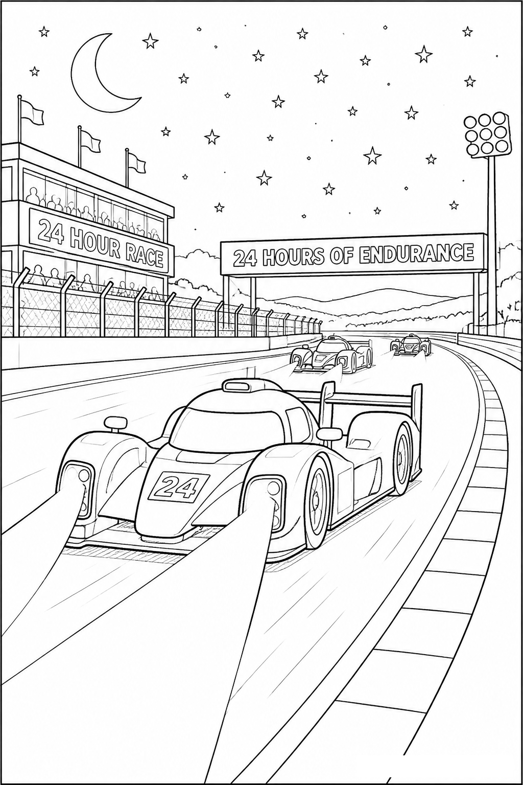 Night Circuit Race Car with Glowing Headlights free printable activity sheet