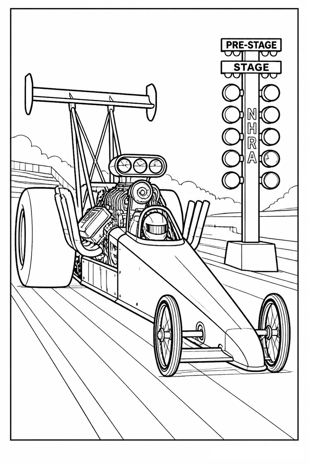Supercharged Nitro Dragster at Starting Line free printable activity sheet