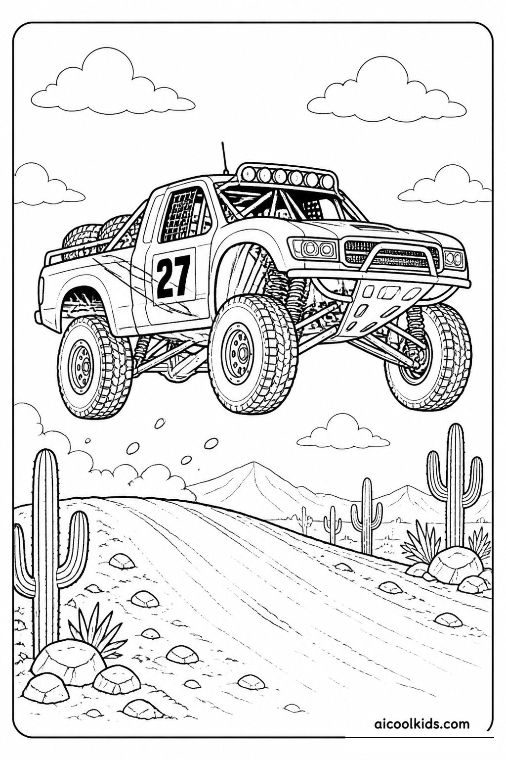 Off-Road Rally Racing Truck on Dirt Trail free printable activity sheet